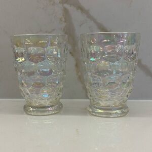 2 Vintage Federal Glass Yorktown Thumbprint Footed Iridescent Glass Tumblers 4”